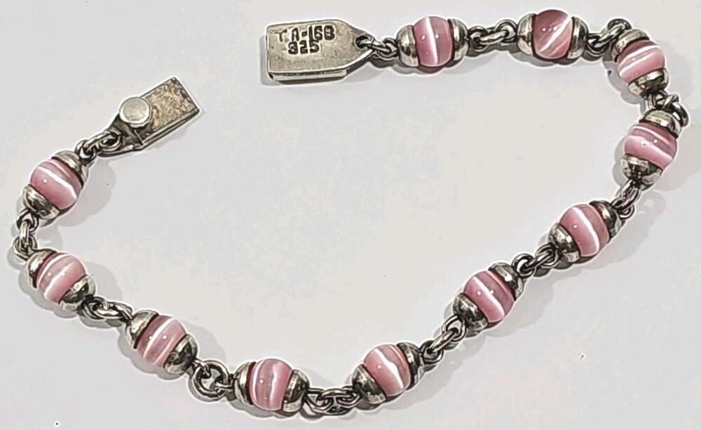 Sterling Silver Pink Cats Eye Beaded Bracelet Women 7.5"